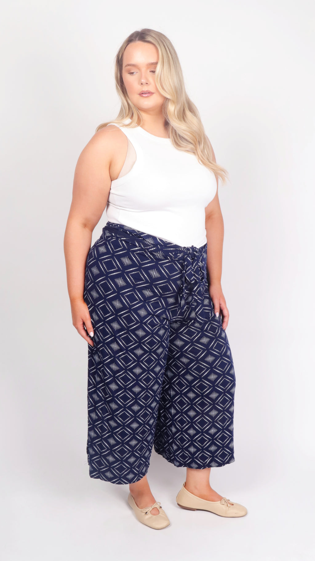 Blue Diamond culottes - three quarter view