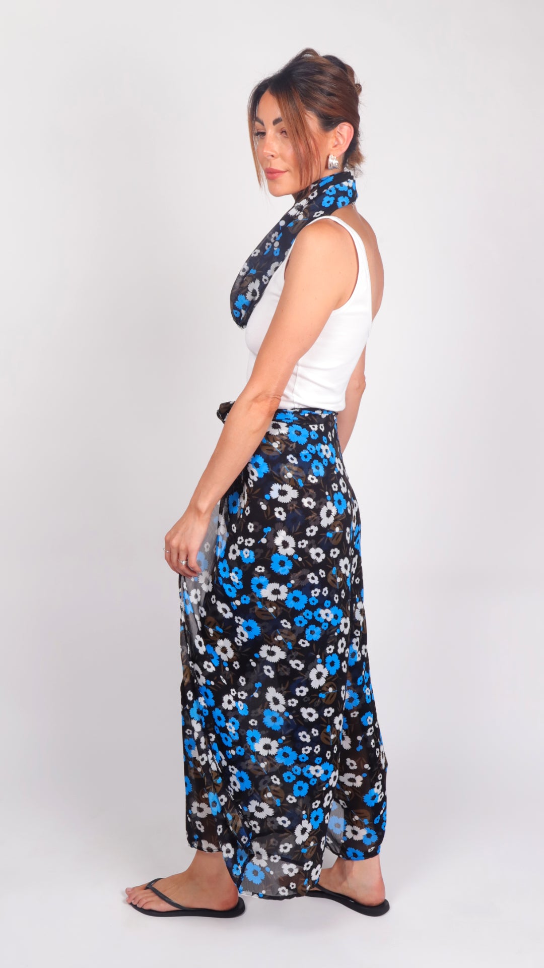 Retro Blue Daisy worn as a wrap skirt, side profile