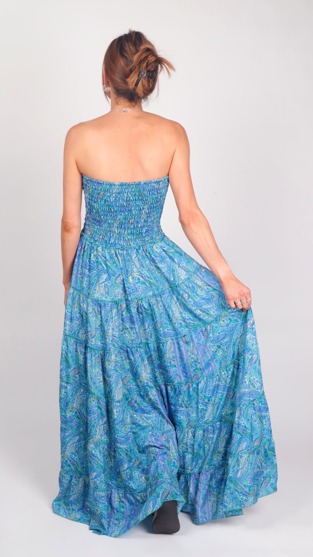Ocean Blue Princess Full Circle Strapless Dress - back view flowing
