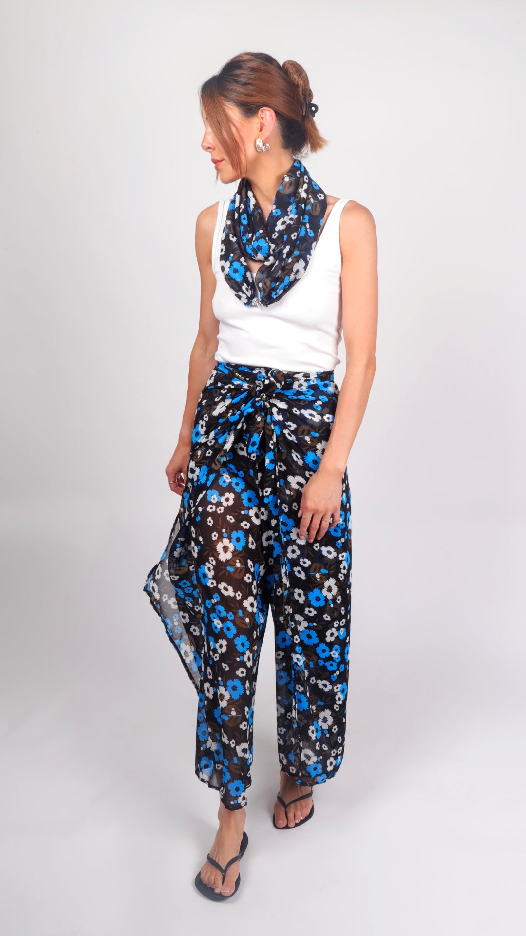 Retro Blue Daisy worn as wide-leg trousers, back view