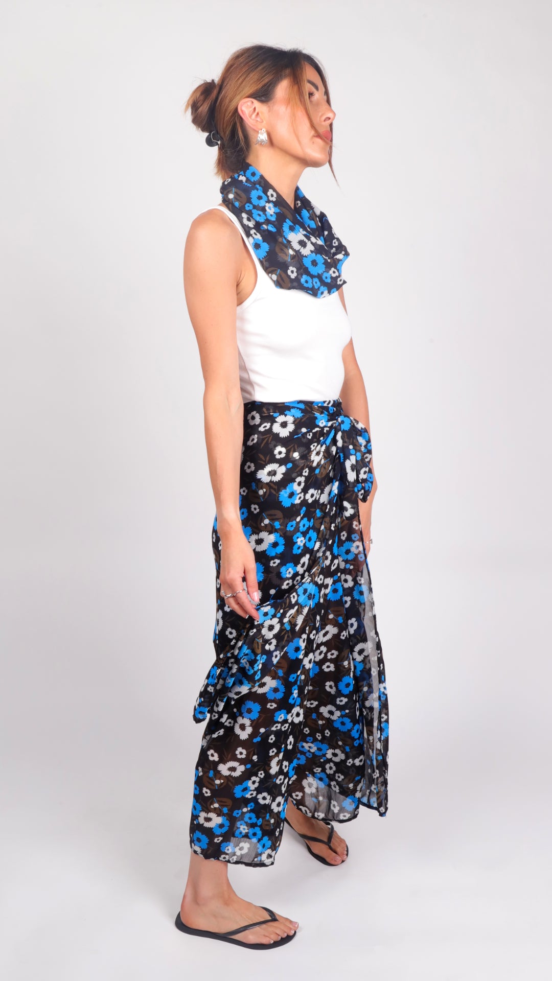 Retro Blue Daisy worn as trousers, front view